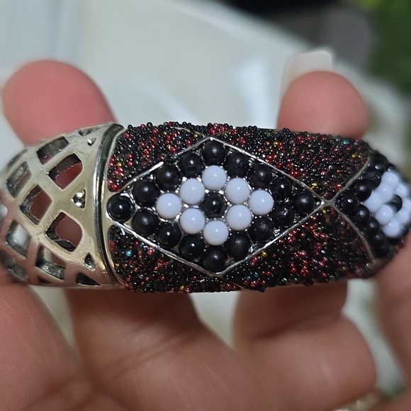 Vintage Clamper Hinge Bangle Bracelet Silver with Bead Design - Picture 9 of 13